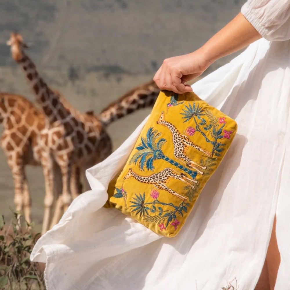 Elizabeth Scarlett Wild Giraffe Palm Velvet Everyday Pouch - Mustard