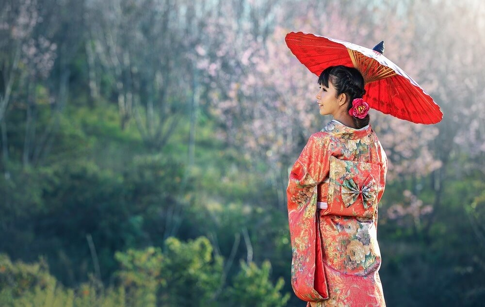 What is a kimono​? Japanese woman wearing a traditional kimono.