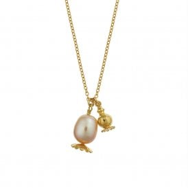22ct Gold Plated & Pink Pearl Double Poppy Seed Head Necklace