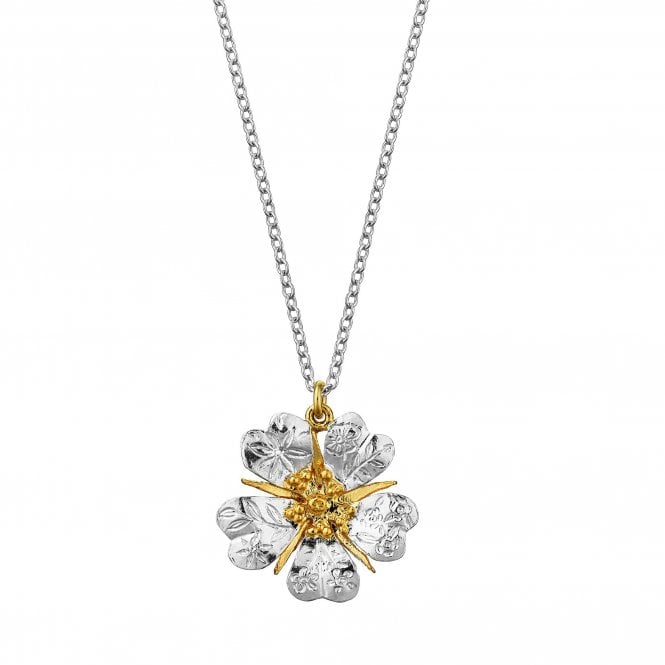 Alex Monroe Sterling Silver & 22ct Gold Plated Floral Engraved Wild Rose Necklace