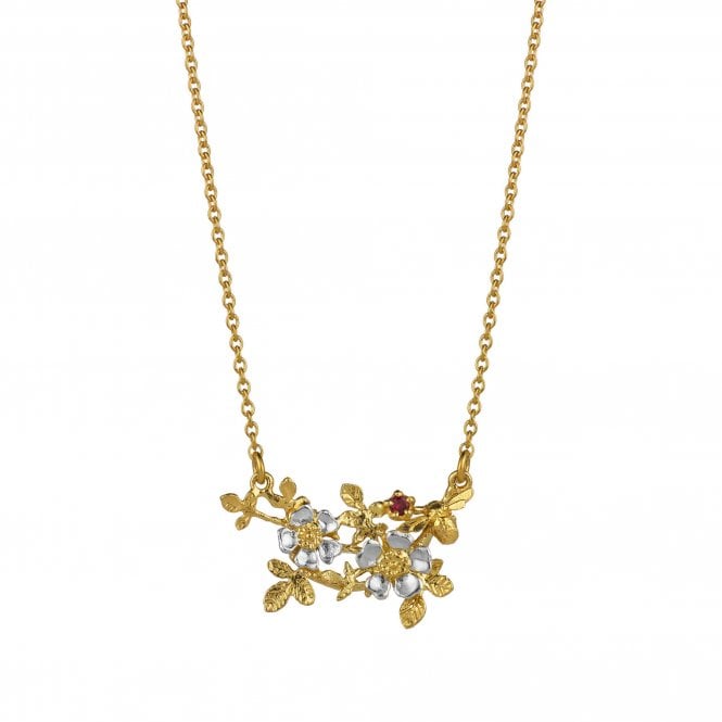 Alex Monroe Sterling Silver & 22ct Gold Plated Inline Wild Rose & Bee Ruby Necklace