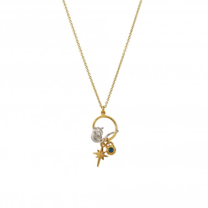 Alex Monroe Sterling Silver and 22ct Gold Plated Stowaway Mouse Charm Necklace with Guiding Star & London Blue Topaz