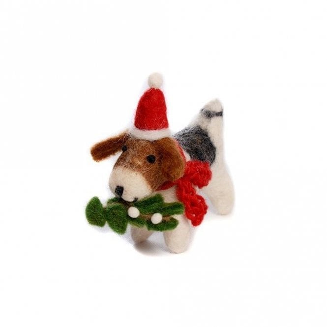 Amica Felt Fox Terrier with Mistletoe Sprig Hanging Decoration