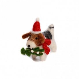 Fox Terrier with Mistletoe Sprig Hanging Decoration