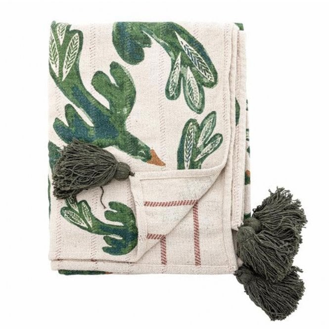 Bloomingville Green Birdliva Recycled Cotton Throw