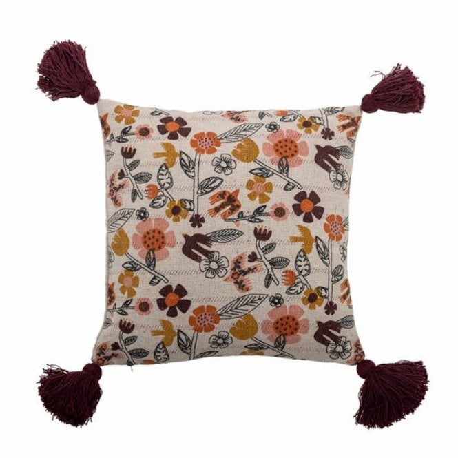 Bloomingville Vivielle Rust Bird Maroon Tassel Cotton Cushion