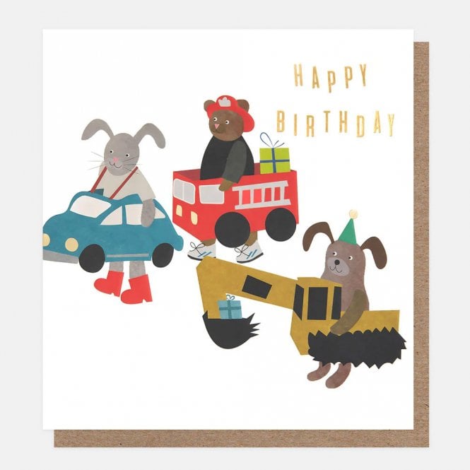Caroline Gardner Dressing Up Box Animals In Vehicles Happy Birthday Card