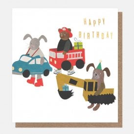 Dressing Up Box Animals In Vehicles Happy Birthday Card