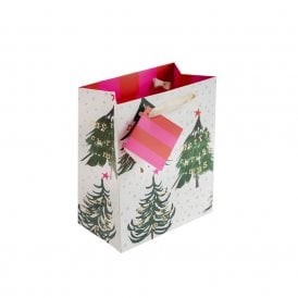 Medium Merry Xmas Gold Text Bunting & Trees Gift Bag