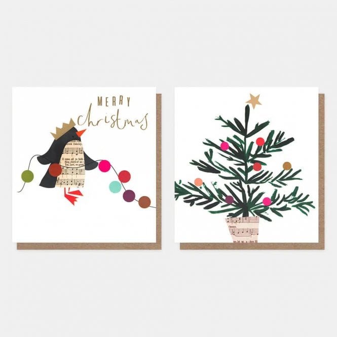 Caroline Gardner Music Notes Collage Penguin & Tree Pack of 8 Charity Cards