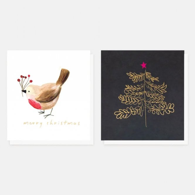 Caroline Gardner Painted Robin & Gold Tree Pack of 8 Charity Cards