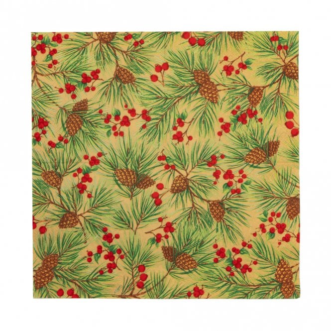 Caspari Evergreen and Berries Gold Lunch Napkins