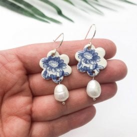 Blue China Flower Pearl Drop Earrings