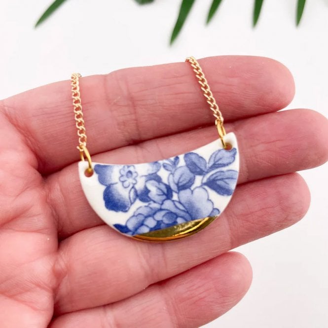 Clay Blanca Blue China with Gold Tip U-Shaped Necklace