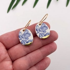 Blue China with Gold Tips Oval Drop Earrings