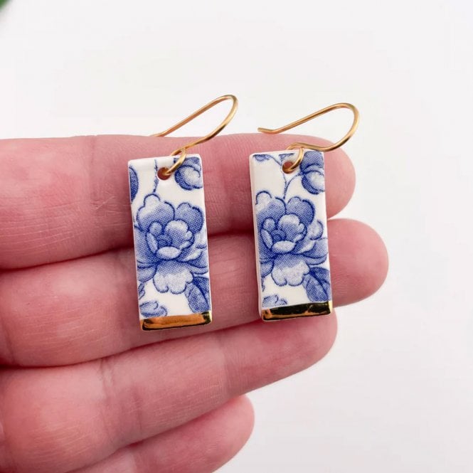 Clay Blanca Blue China with Gold Tips Rectangle Drop Earrings
