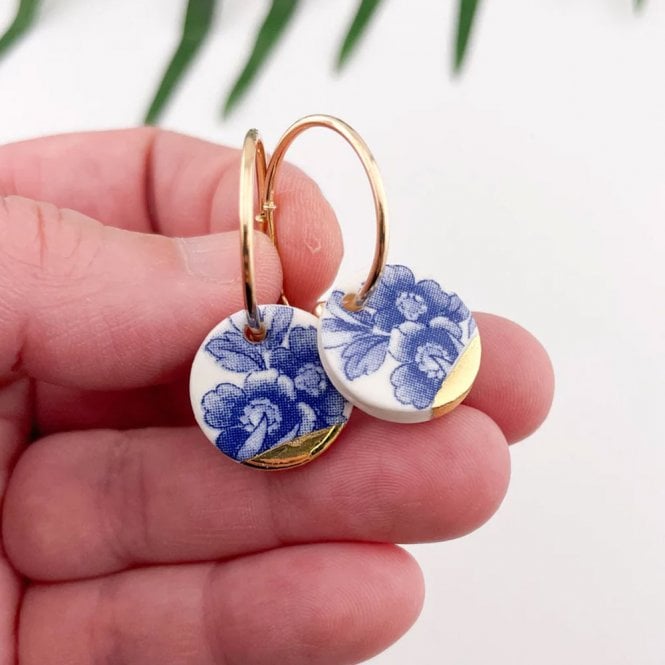 Clay Blanca Blue China with Gold Tips Round Hoop Earrings