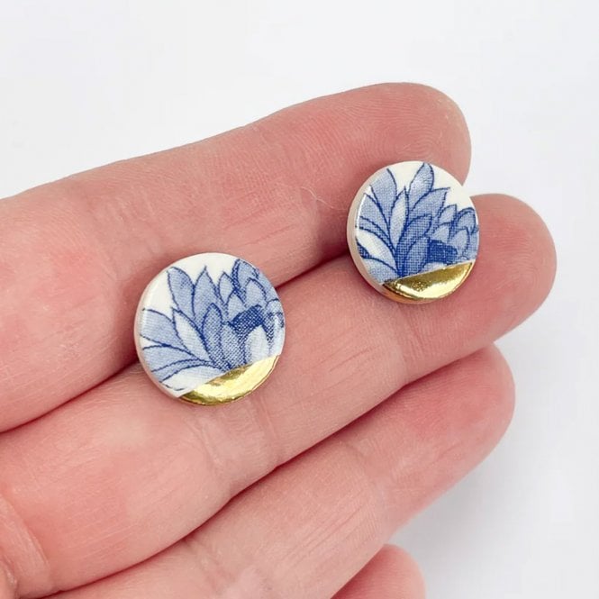 Clay Blanca Blue China with Gold Tips Round Stud Earrings