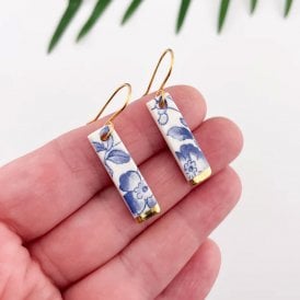 Blue China with Gold Tips Slim Rectangle Drop Earrings