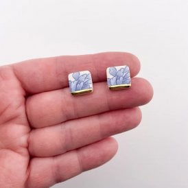 Blue China with Gold Tips Square Stud Earrings