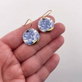 Large Blue China with Gold Tips Round Drop Earrings