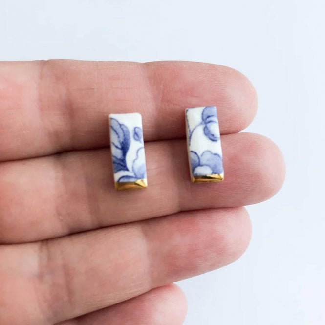Clay Blanca Small Blue China with Gold Tips Rectangle Stud Earrings