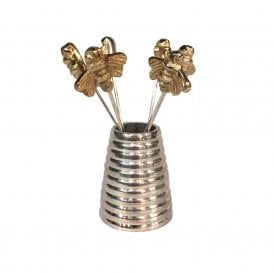 Set of 6 Gold Queen Bee Olive Picks & Holder
