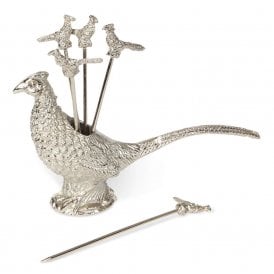 Set of 6 Pheasant Olive Picks & Holder