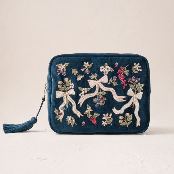 Elizabeth Scarlett Berries & Bows Velvet Wash Bag - Ink Blue