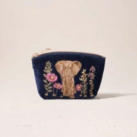 Botanical Elephant Velvet Coin Purse - Navy Blue