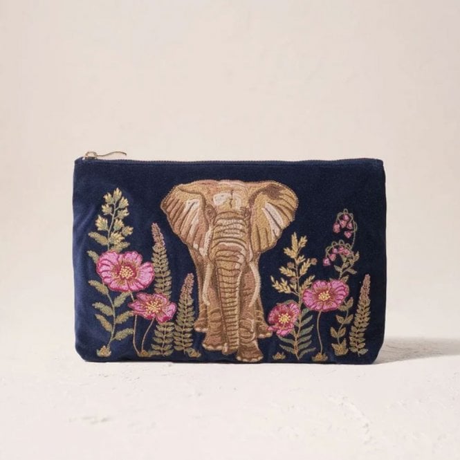 Elizabeth Scarlett Botanical Elephant Velvet Everyday Pouch - Navy Blue