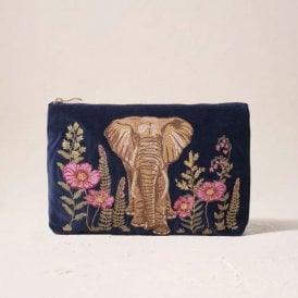 Botanical Elephant Velvet Everyday Pouch - Navy Blue