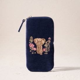 Botanical Elephant Velvet Glasses Case - Navy Blue