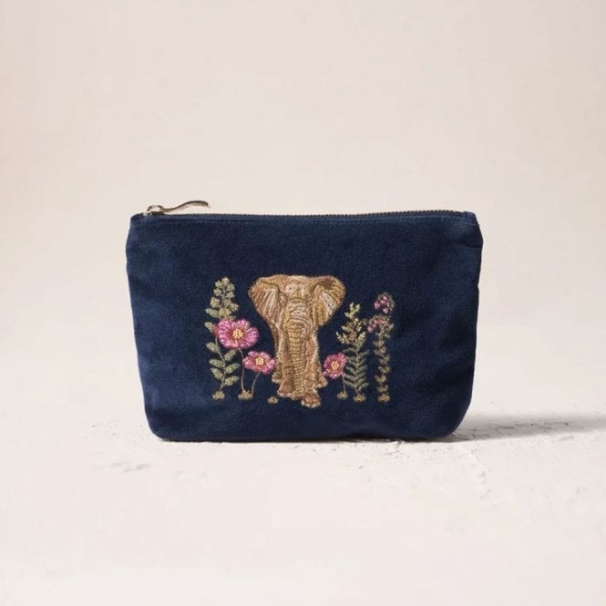 Elizabeth Scarlett Botanical Elephant Velvet Mini Pouch - Navy Blue
