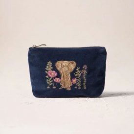Botanical Elephant Velvet Mini Pouch - Navy Blue