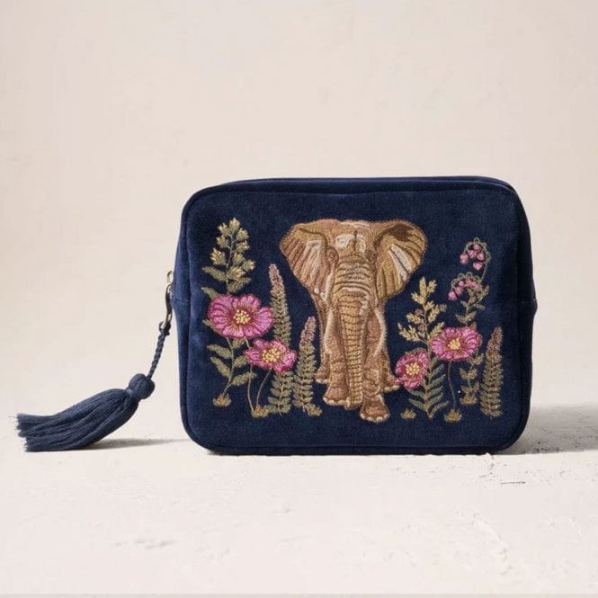Elizabeth Scarlett Botanical Elephant Velvet Washbag - Navy Blue