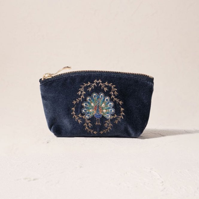 Elizabeth Scarlett Botanical Peacock Velvet Coin Purse - Indigo