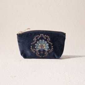 Botanical Peacock Velvet Coin Purse - Indigo