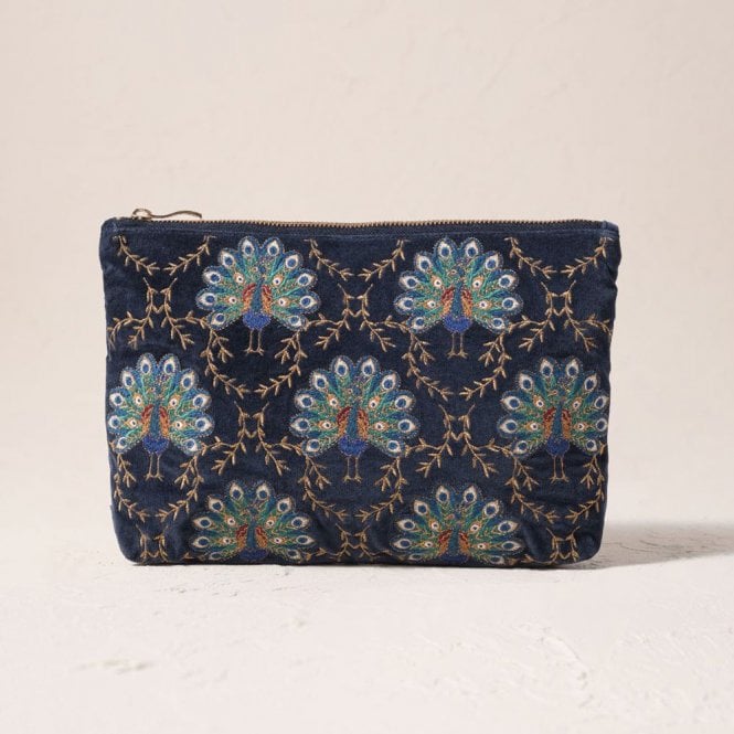 Elizabeth Scarlett Botanical Peacock Velvet Everyday Pouch - Indigo