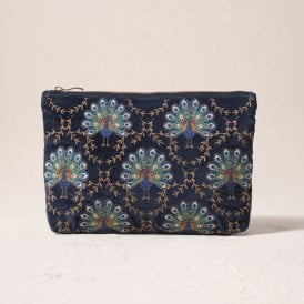 Botanical Peacock Velvet Everyday Pouch - Indigo