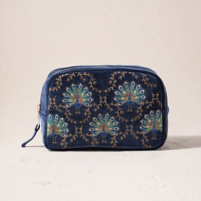Elizabeth Scarlett Botanical Peacock Velvet Makeup Bag - Indigo