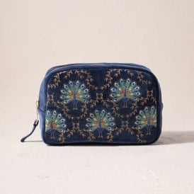 Botanical Peacock Velvet Makeup Bag - Indigo
