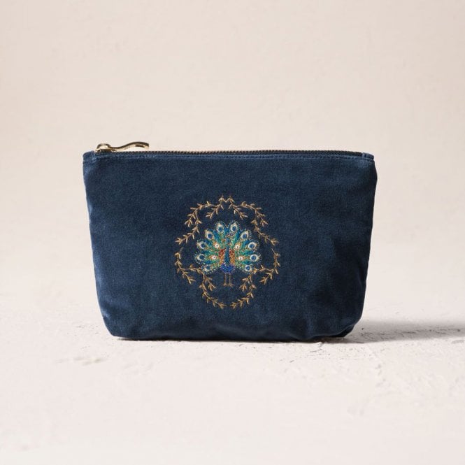 Elizabeth Scarlett Botanical Peacock Velvet Mini Pouch - Indigo