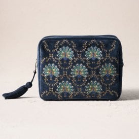 Botanical Peacock Velvet Wash Bag - Indigo
