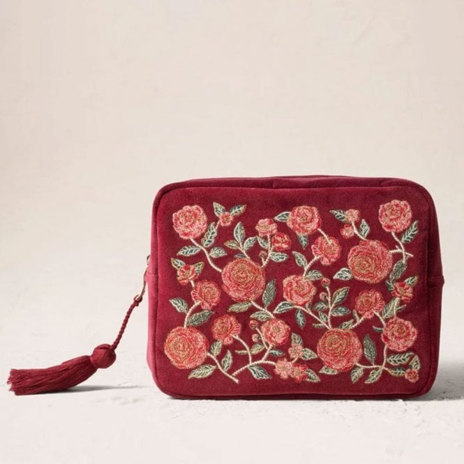 Elizabeth Scarlett Camellia Romance Velvet Wash Bag - Cranberry