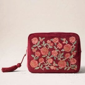 Camellia Romance Velvet Wash Bag - Cranberry