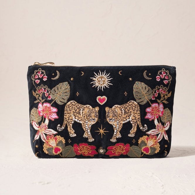 Elizabeth Scarlett Celestial Leopard Velvet Everyday Pouch - Charcoal