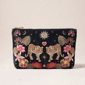 Celestial Leopard Velvet Everyday Pouch - Charcoal