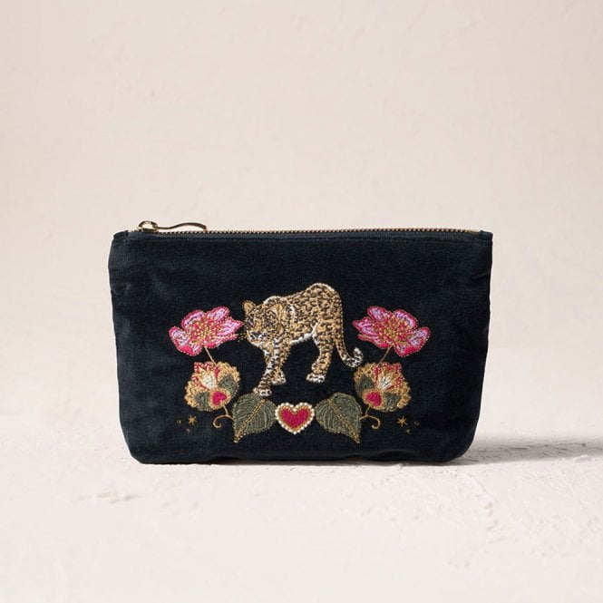 Elizabeth Scarlett Celestial Leopard Velvet Mini Pouch - Charcoal
