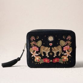 Celestial Leopard Velvet Washbag - Charcoal